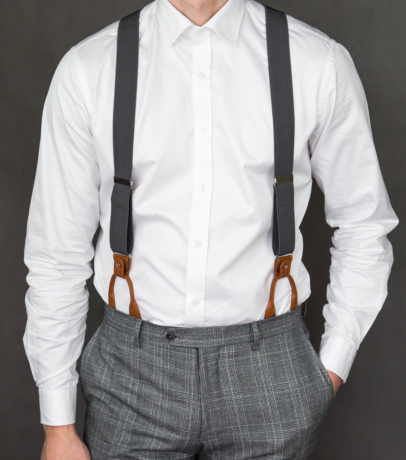 Dark Gray Suspenders for Men Brown Button Suspenders Loop Etsy