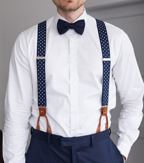 Navy Blue With White Dots Suspenders for Men, Brown Button