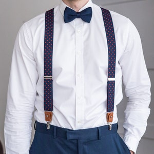 Navy Blue Suspenders With Red Dots, Brown Button Suspenders, Wedding ...