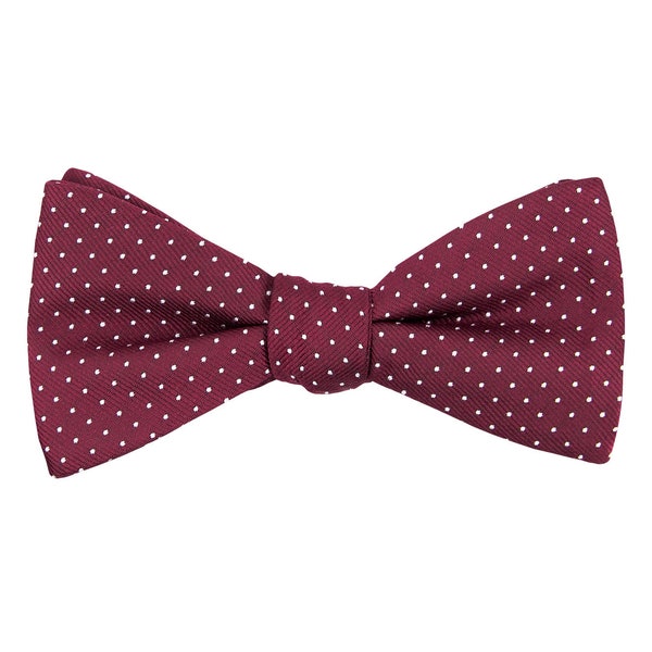 Burgundy red self-tie bow tie, Polka dot untied bow ties, Dark red dotted wedding bow tie for groomsmen and groom