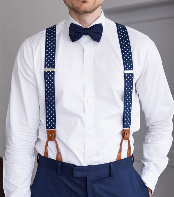 AWAYTR Mens Brown Button End Suspenders - Adjustable Elastic Y Shape Tuxedo  Suspender