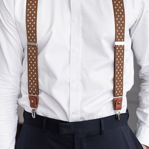 Brown suspenders with white dots for men, Tan brown button suspenders, Wedding suspenders for groom groomsmen, loop clip suspenders image 5