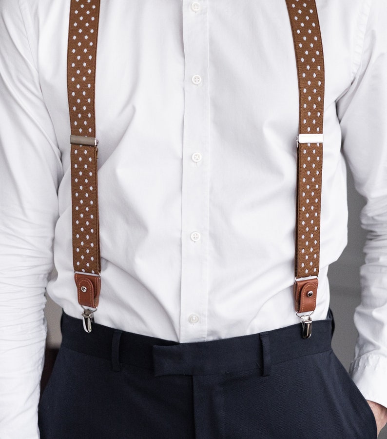 Brown suspenders with white dots for men, Tan brown button suspenders, Wedding suspenders for groom groomsmen, loop clip suspenders image 5