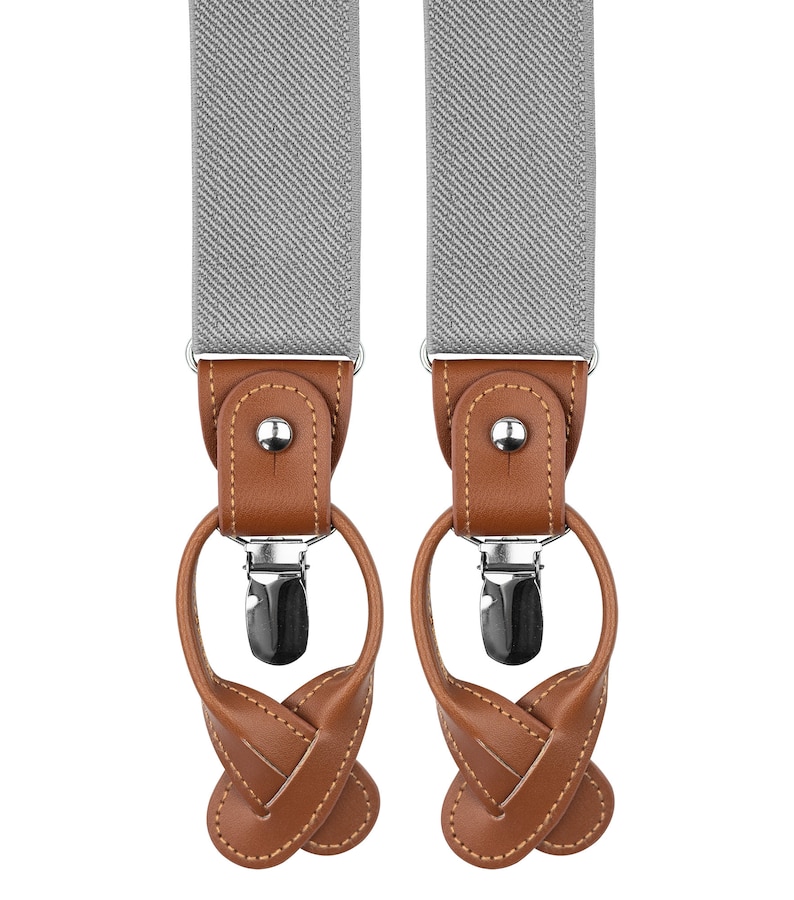 Light gray suspenders for men, button and clip suspenders, adjustable elastic leather loop wedding suspenders for groom groomsmen image 9