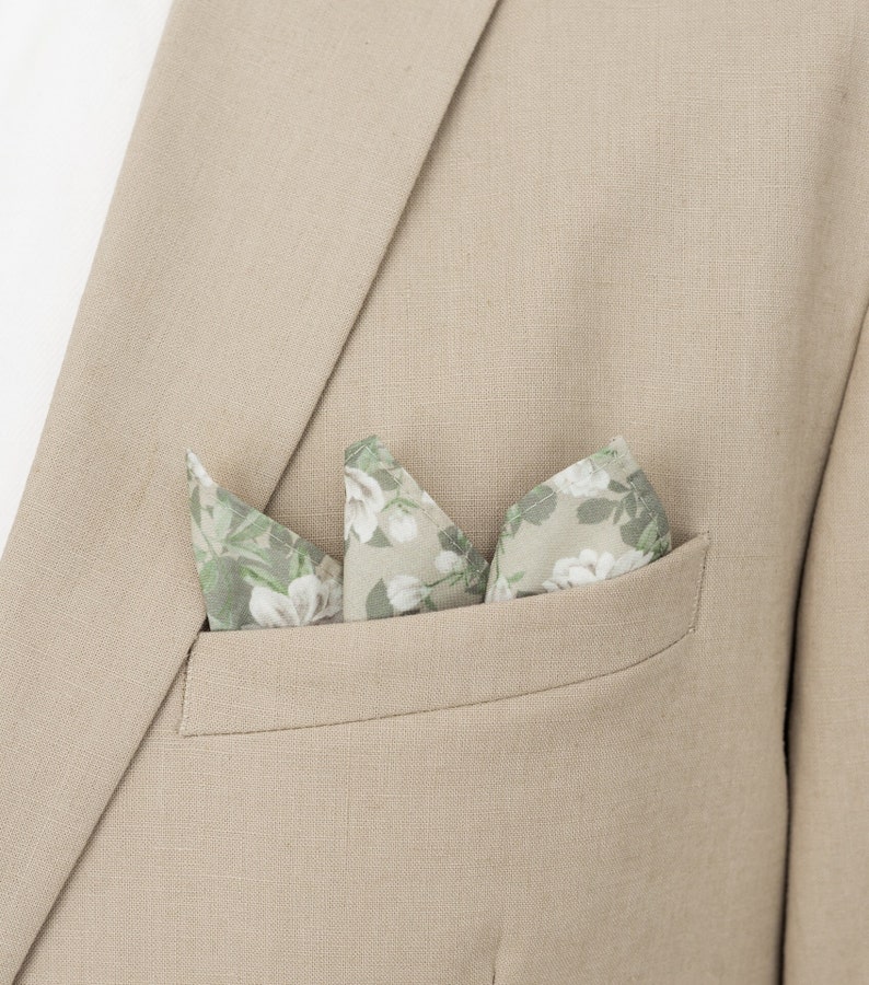 Sage green peonies pocket square, flowers handkerchief, wedding floral pocket squares for groom groomsmen, Rima collection image 1