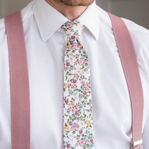 Weiß rosa Blumen Krawatte für Männer, Hochzeit für Männer, Krawatten aus Baumwolle, rosa blau gelb grün Boho Hochzeiten, Emma Kollektion Bild 4