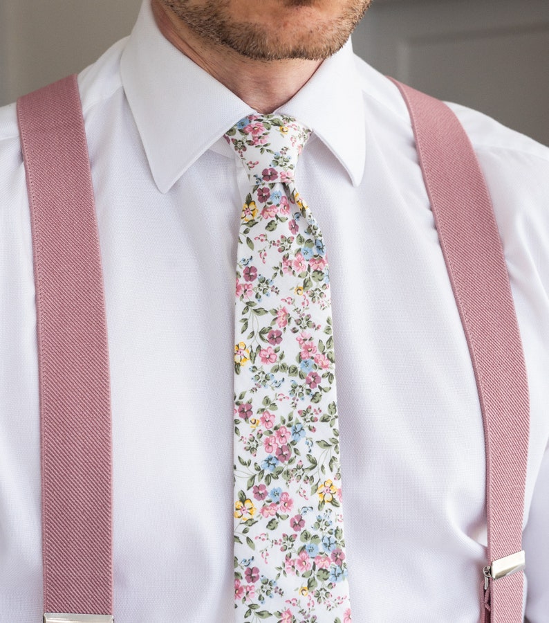 Weiß rosa Blumen Krawatte für Männer, Hochzeit für Männer, Krawatten aus Baumwolle, rosa blau gelb grün Boho Hochzeiten, Emma Kollektion Bild 4