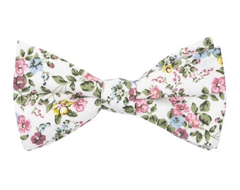 White pink floral pre-tied bow tie for men, blue yellow green cotton wedding bow ties for groom groomsmen, ready to wear, Emma collection