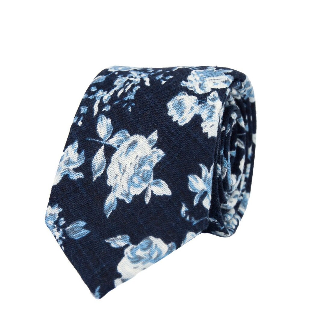 Navy Blue Floral Tie for Men, Wedding Necktie for Groom Groomsmen
