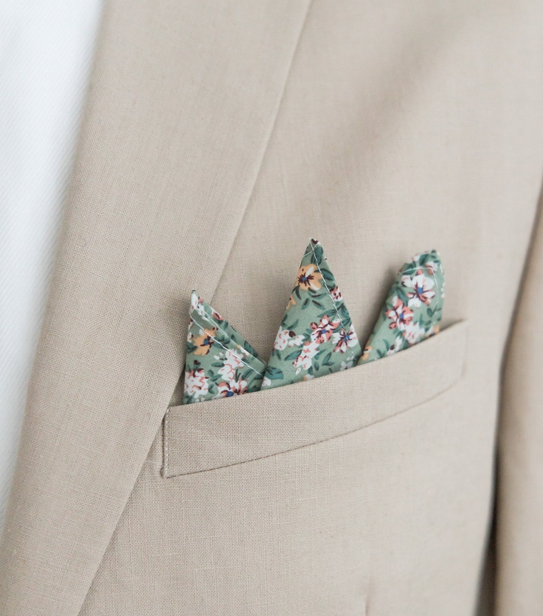 Sage Green Floral Pocket Square, Flowers Handkerchief, Wedding Pocket