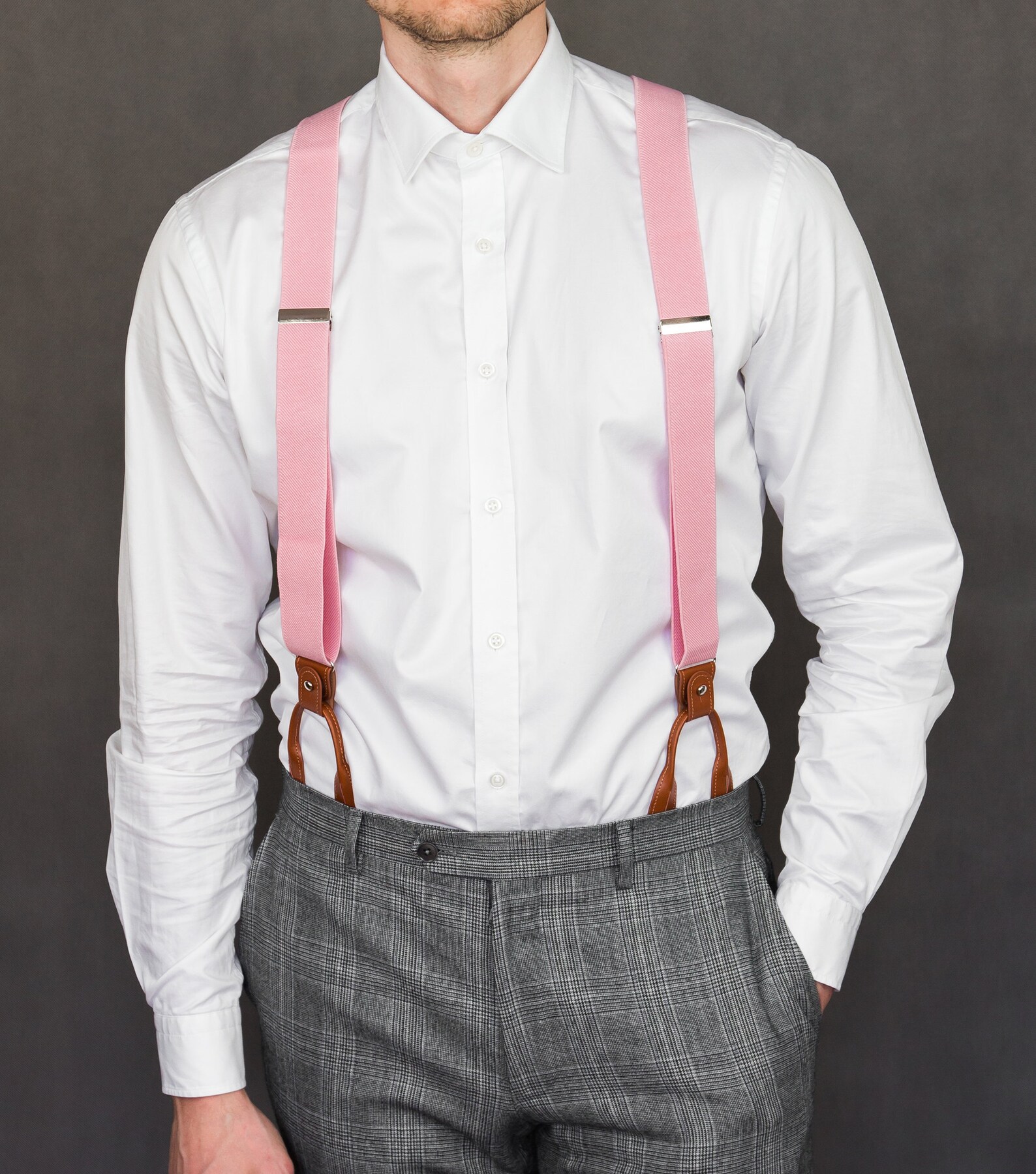 Pink Suspenders for Men Brown Leather Button Tab and Clip Etsy