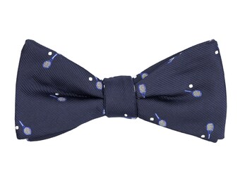 Navy blue tennis pre-tied bow tie, racket ball bow ties, tennis player bow tie, sports fan gift, embroidered bow ties for men