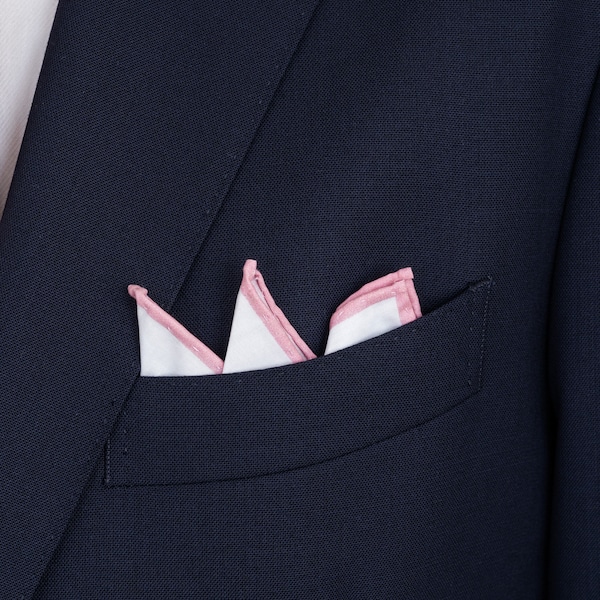 White cotton pocket square with blush pink hand rolled edge for groom and groomsmen | Wedding handkerchief with color hem, border