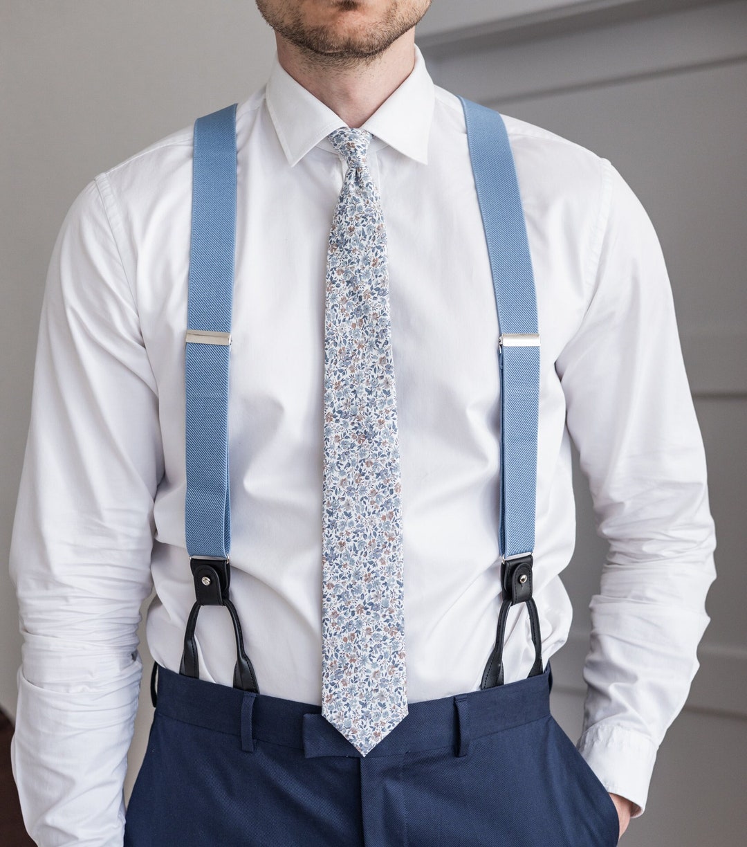 Blue Suspenders for Men With Black Vegan Leather Button Loops, Wedding ...