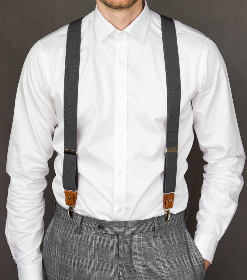Dark Gray suspenders for men Brown button suspenders loop | Etsy