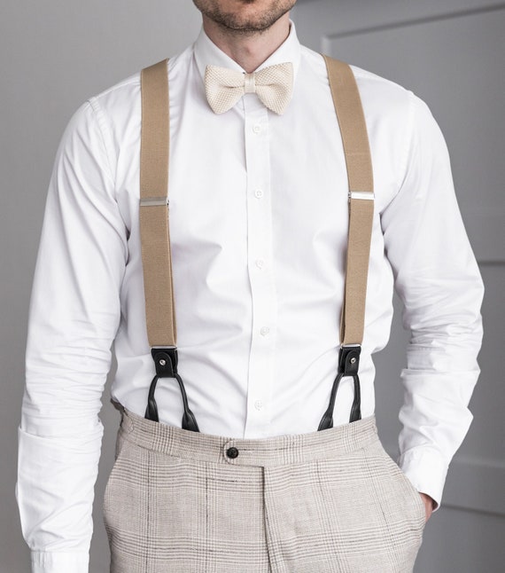 Black Suspenders for Men, Black Leather Button Tab and Clip Braces