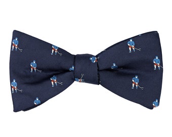 Navy blue hockey pre-tied bow tie, ice hockey player bow ties, sports fan gift, embroidered ready to wear bow tie for men