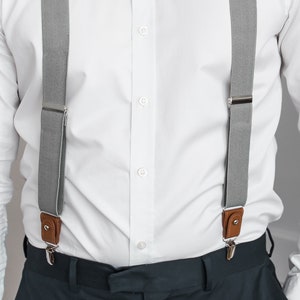 Light gray suspenders for men, button and clip suspenders, adjustable elastic leather loop wedding suspenders for groom groomsmen image 6