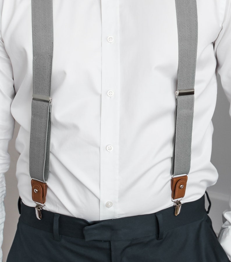 Light gray suspenders for men, button and clip suspenders, adjustable elastic leather loop wedding suspenders for groom groomsmen image 6