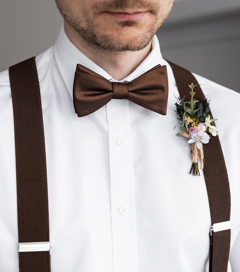 Brown satin self-tie bow tie, untied wedding bow ties for groomsmen and groom, elegant shiny sateen bow tie, Mocha collection zdjęcie 1