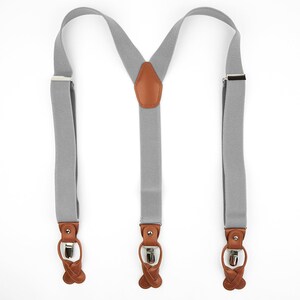 Light gray suspenders for men, button and clip suspenders, adjustable elastic leather loop wedding suspenders for groom groomsmen image 3