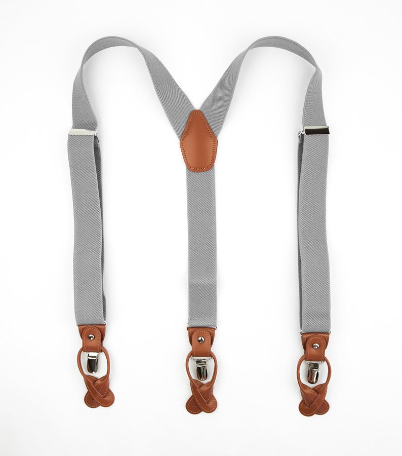 Light gray suspenders for men, button and clip suspenders, adjustable elastic leather loop wedding suspenders for groom groomsmen image 3