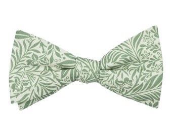 Green pre-tied bow tie for men, rustic sage green leaves print ready to wear cotton bow ties for groom groomsmen, Velita collection