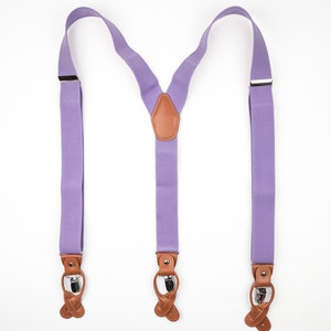 Purple suspenders for men, Brown leather button tab and clip braces, Lavender multifit wedding suspenders for groom groomsmen image 3