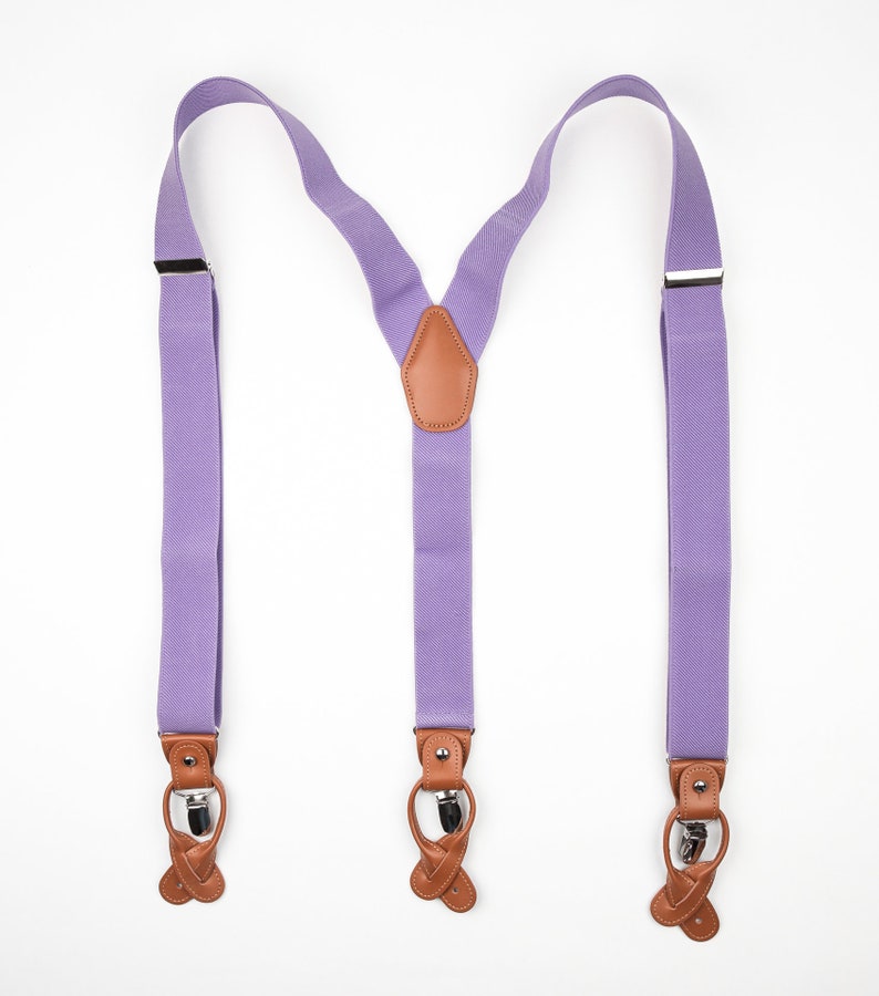 Purple suspenders for men, Brown leather button tab and clip braces, Lavender multifit wedding suspenders for groom groomsmen image 3