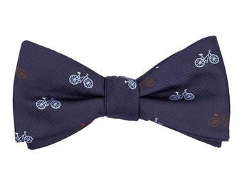 Navy blue bikes self-tie bow tie, bicycles untied bow ties, cycling bow tie, sports fan gift, embroidered cyclist bow ties for men