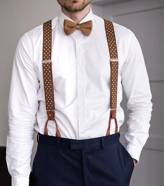 Brown Suspenders With White Dots for Men, Tan Brown Button