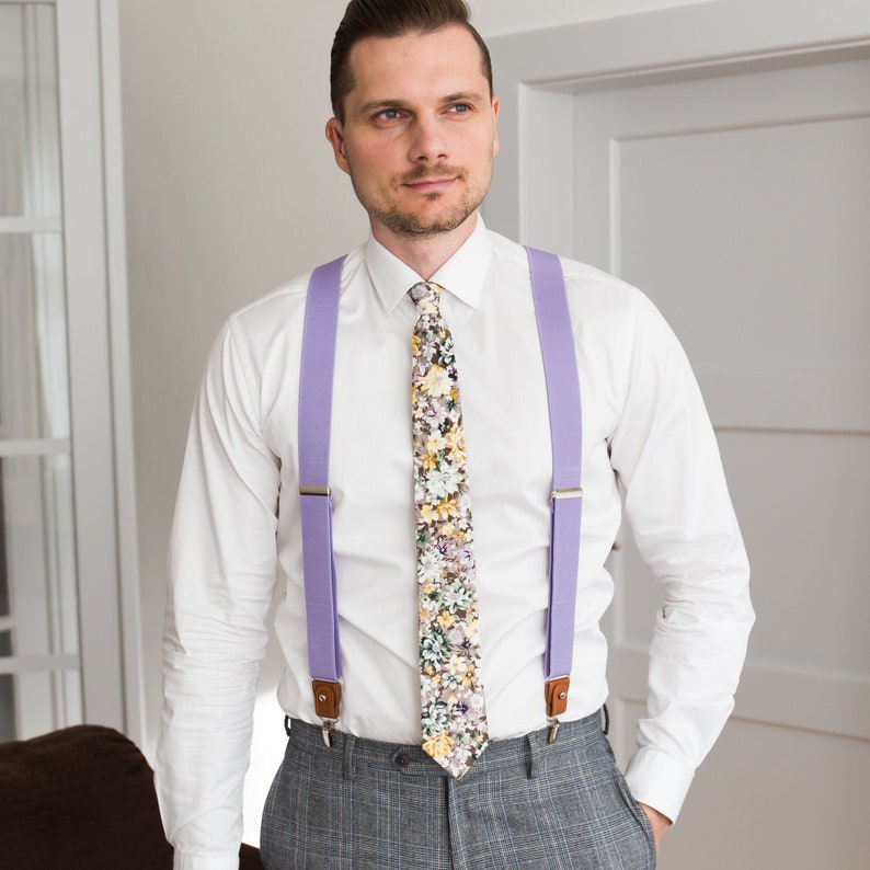 Purple Suspenders for Men Brown Leather Button Tab and Clip Etsy