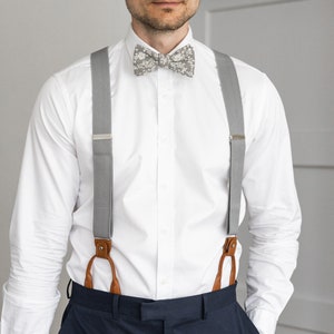 Light gray suspenders for men, button and clip suspenders, adjustable elastic leather loop wedding suspenders for groom groomsmen image 4