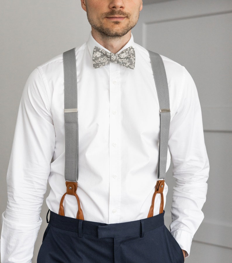 Light gray suspenders for men, button and clip suspenders, adjustable elastic leather loop wedding suspenders for groom groomsmen image 4