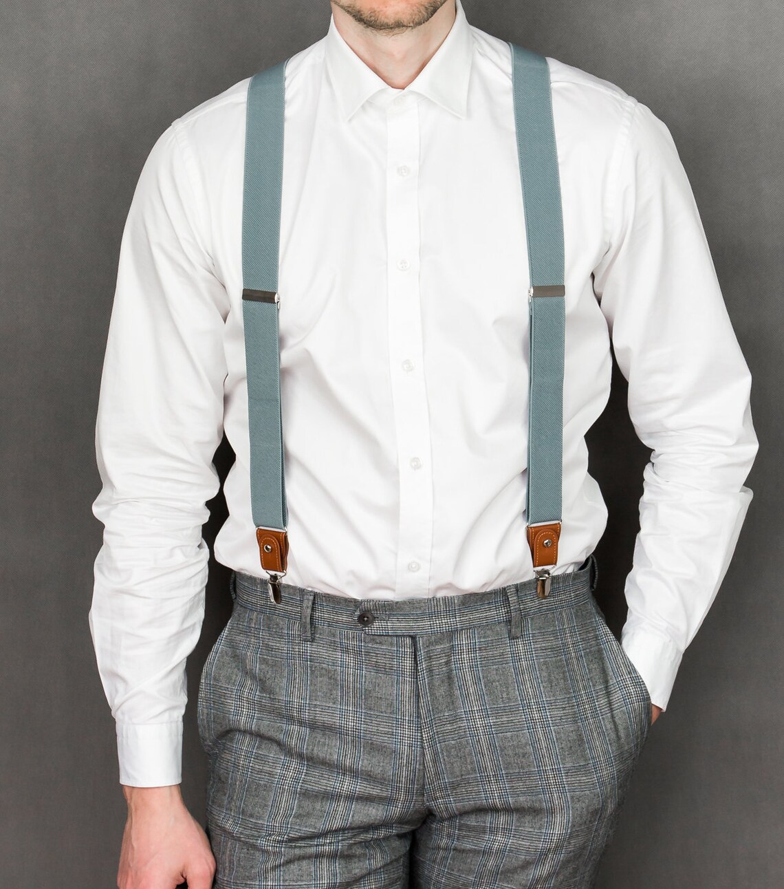 Blue Gray suspenders Button loop suspenders for groom | Etsy