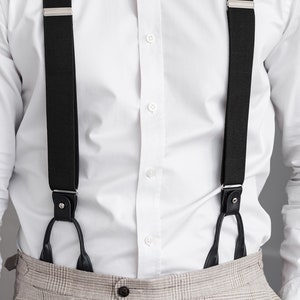 Schwarze Hosenträger für Männer, schwarze Lederknopfleiste und Clip-Hosenträger, formelle Hochzeit Groomsmen Hosenträger, elastische Knopfenden Hosenträger Bild 3