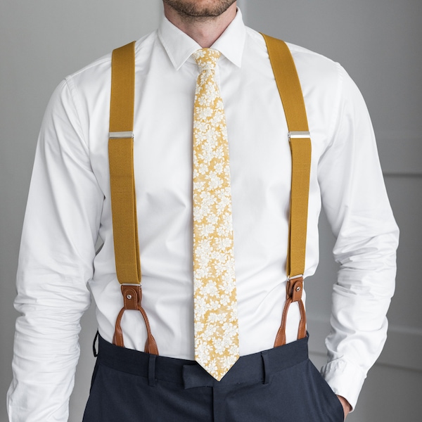 Mustard yellow suspenders for men, Brown leather button tab and clip braces, Wedding suspenders for groom groomsmen