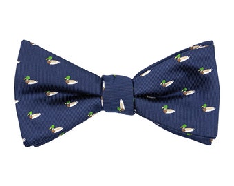 Navy blue duck self-tie bow tie, wild duck untied bow ties, animal fan gift, embroidered bow tie for men, gift for him
