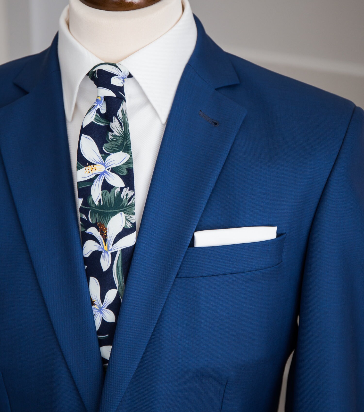 Tropical Hawaii Tie, Navy Blue Beach Wedding Necktie, Green White 