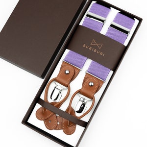 Purple suspenders for men, Brown leather button tab and clip braces, Lavender multifit wedding suspenders for groom groomsmen image 6