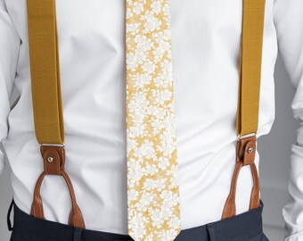 Mustard Yellow Suspenders for Men, Brown Leather Button Tab and