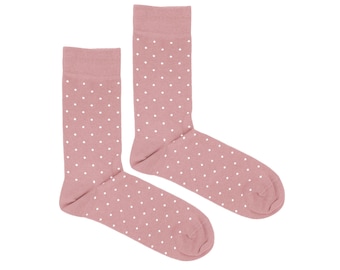 Pink mens dress socks with dots / Dusty pink casual cotton polka dot socks, solid formal adult crew socks, wedding groom groomsmen gift