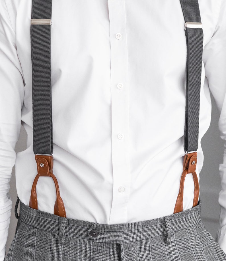 Dark Gray Suspenders for Men Brown Button Suspenders Loop Etsy