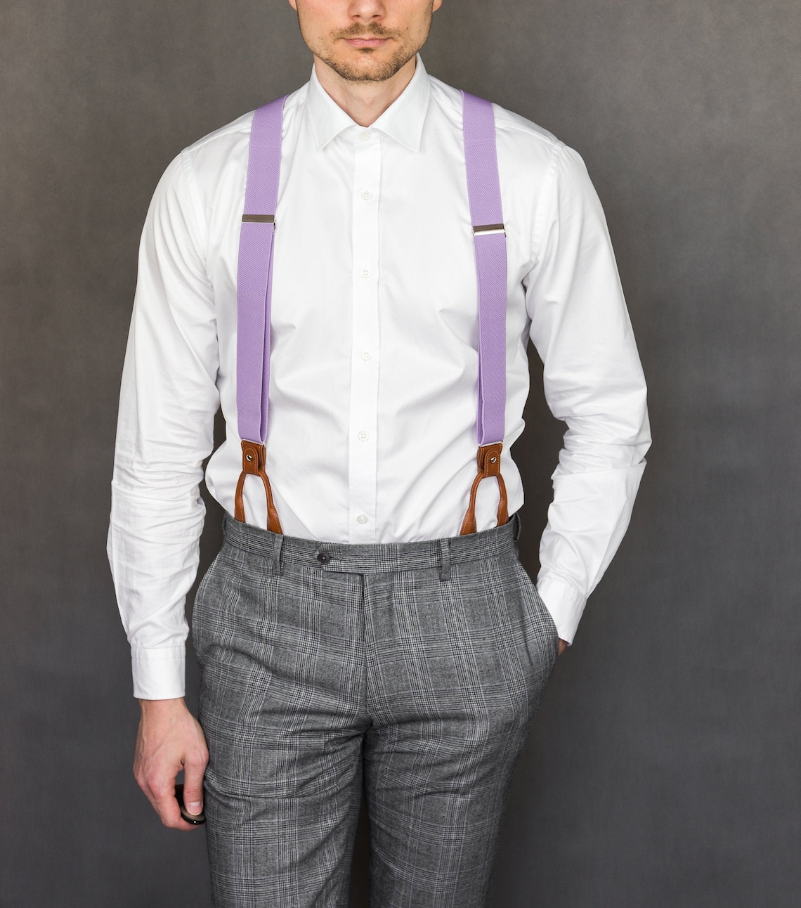 Purple suspenders for men Brown leather button tab and clip Etsy