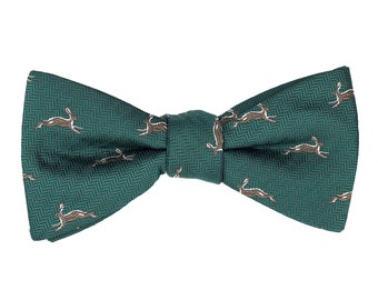 Green rabbit self-tie bow tie, forest animal untied bow ties, hunter ties, hare embroidered wedding bow tie for groomsmen