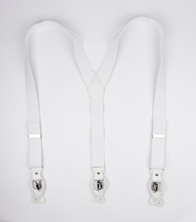 White suspenders for men, button and clip suspenders for groom groomsmen, tuxedo wedding suspenders image 3