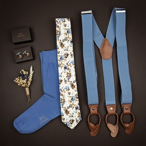 Light blue suspenders for men, Brown leather button tab suspenders, Wedding suspenders for groom groomsmen, clip on braces image 9