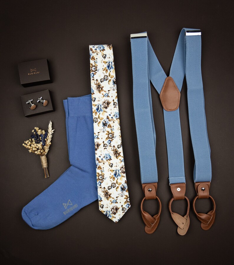 Light blue suspenders for men, Brown leather button tab suspenders, Wedding suspenders for groom groomsmen, clip on braces image 9