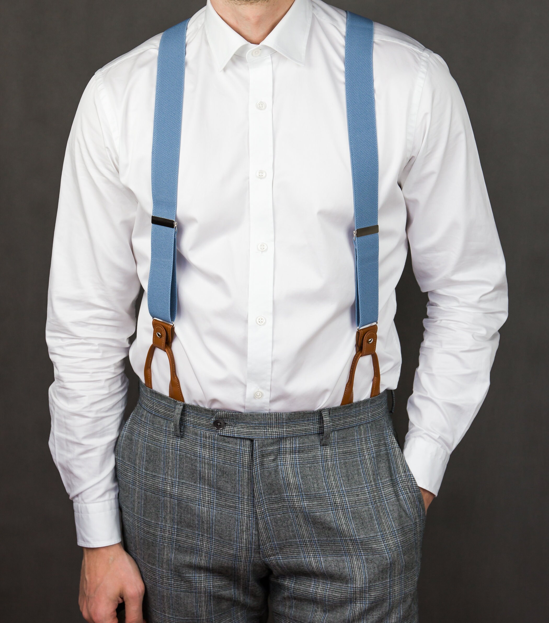 Light blue suspenders for men Brown leather button tab Etsy
