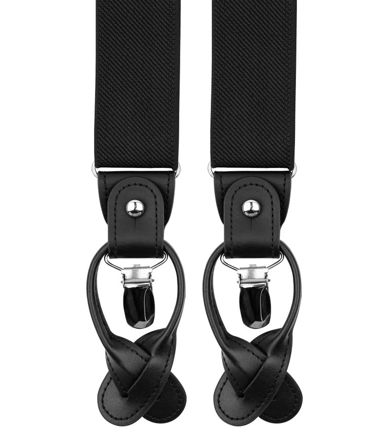 Schwarze Hosenträger für Männer, schwarze Lederknopfleiste und Clip-Hosenträger, formelle Hochzeit Groomsmen Hosenträger, elastische Knopfenden Hosenträger Bild 4